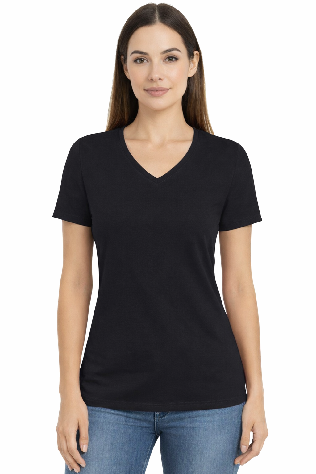 T-shirt Damski czarny dekolt w serek