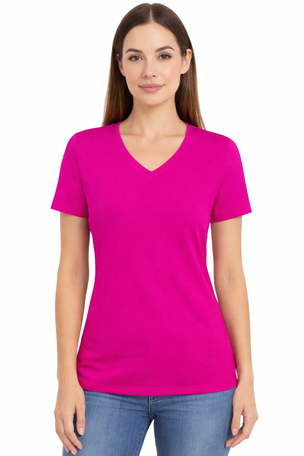 T-shirt Damski fuksja dekolt w serek