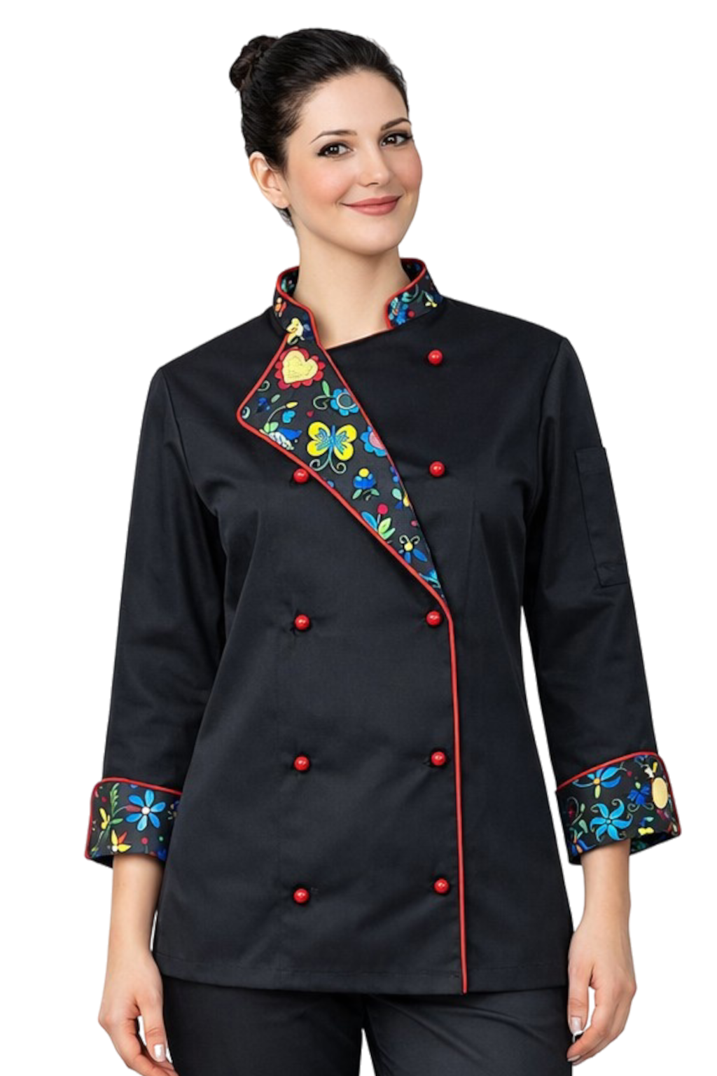 Bluza kucharska damska czarna rekaw długi lamówka wzór W4