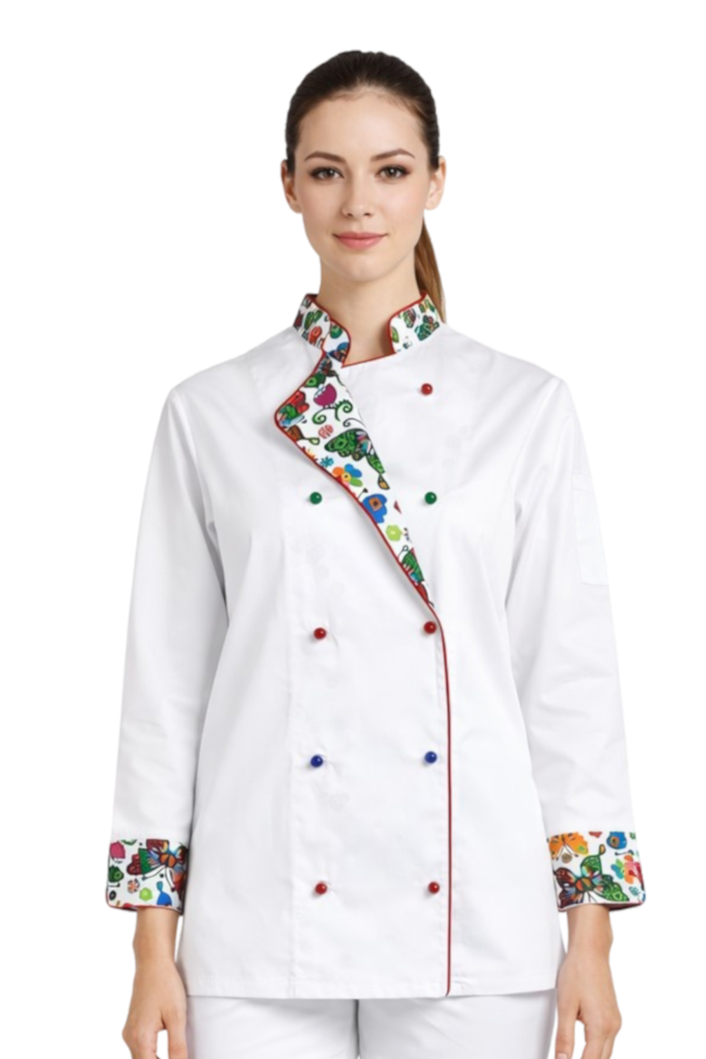 Bluza kucharska damska biała rekaw długi lamówka wzór W3 (1061)