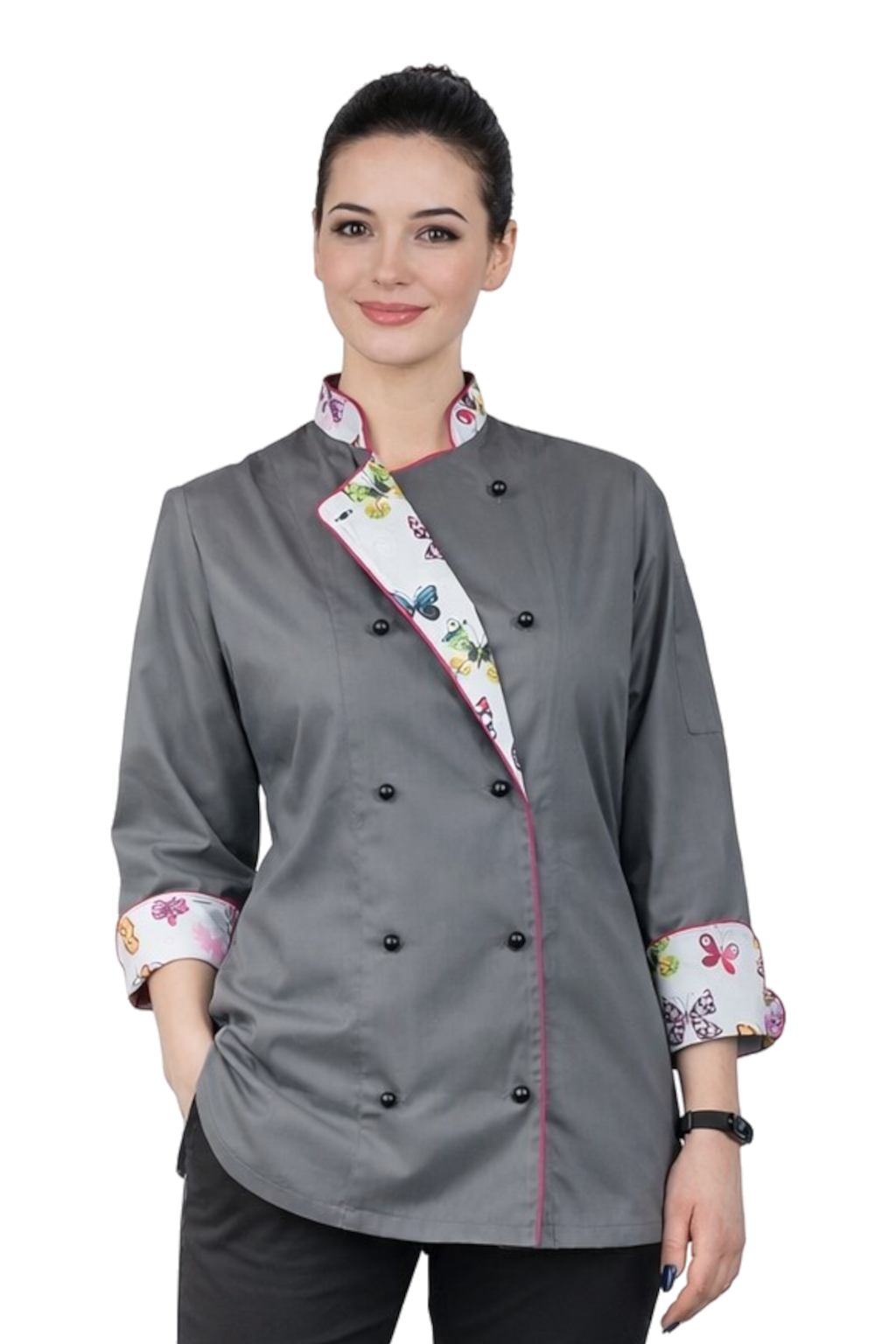 Bluza kucharska damska szara rekaw długi lamówka wzór W2 (1053)