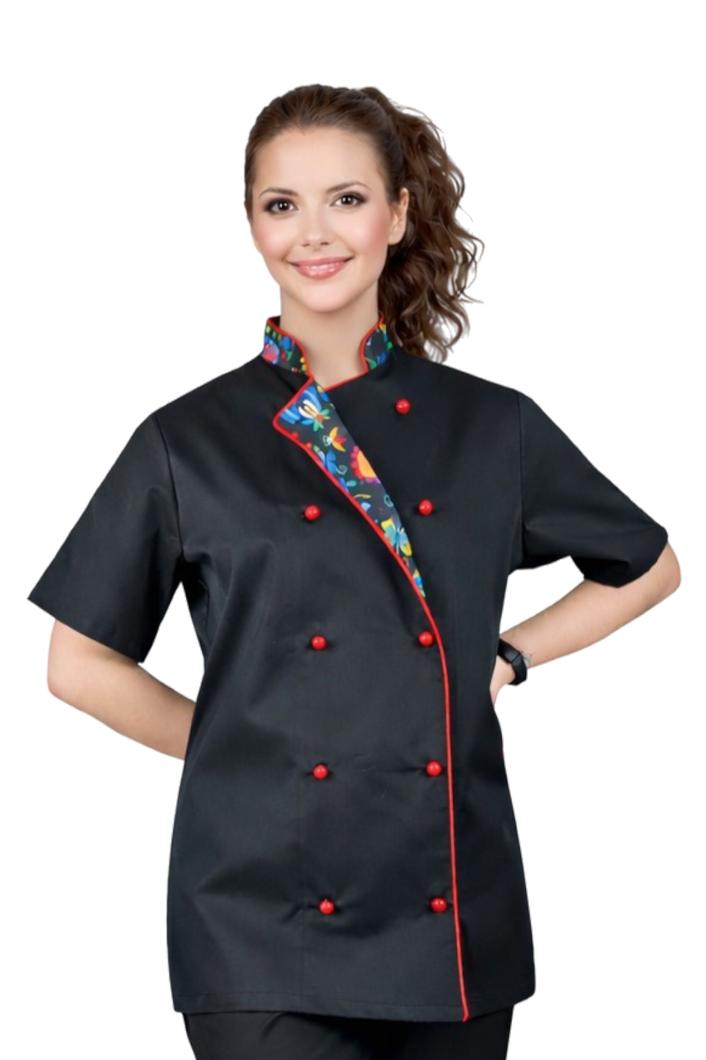 Bluza kucharska damska czarna rękaw krótki lamówka wzór W4