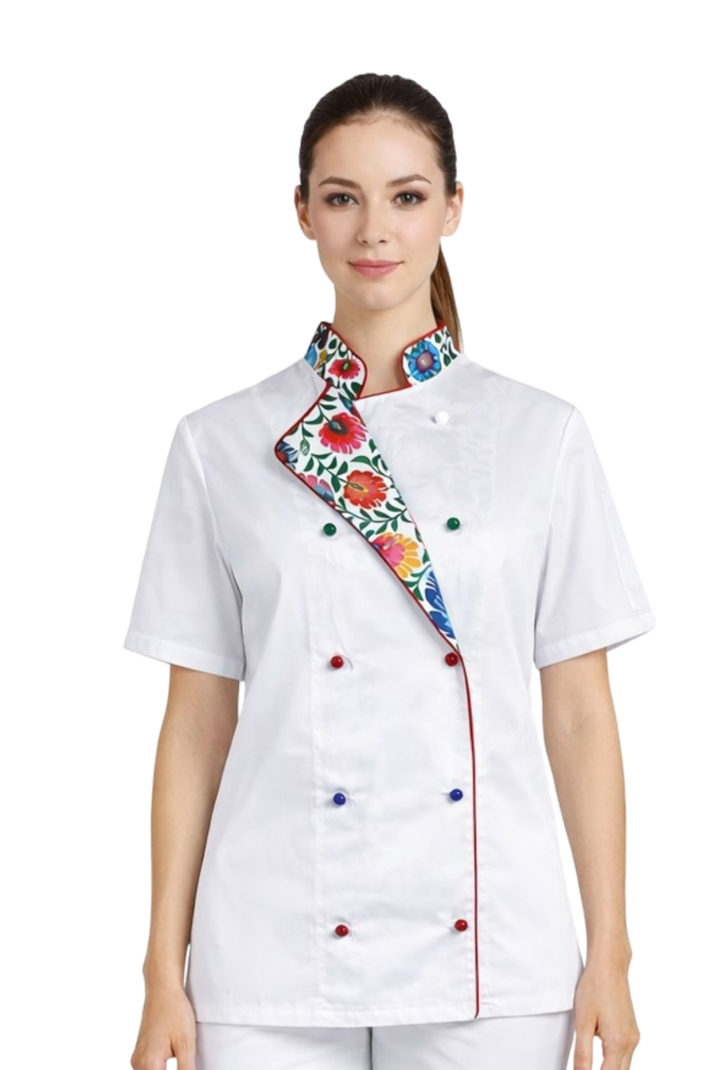 Bluza kucharska damska biała rękaw krótki lamówka wzór W3 (1061)
