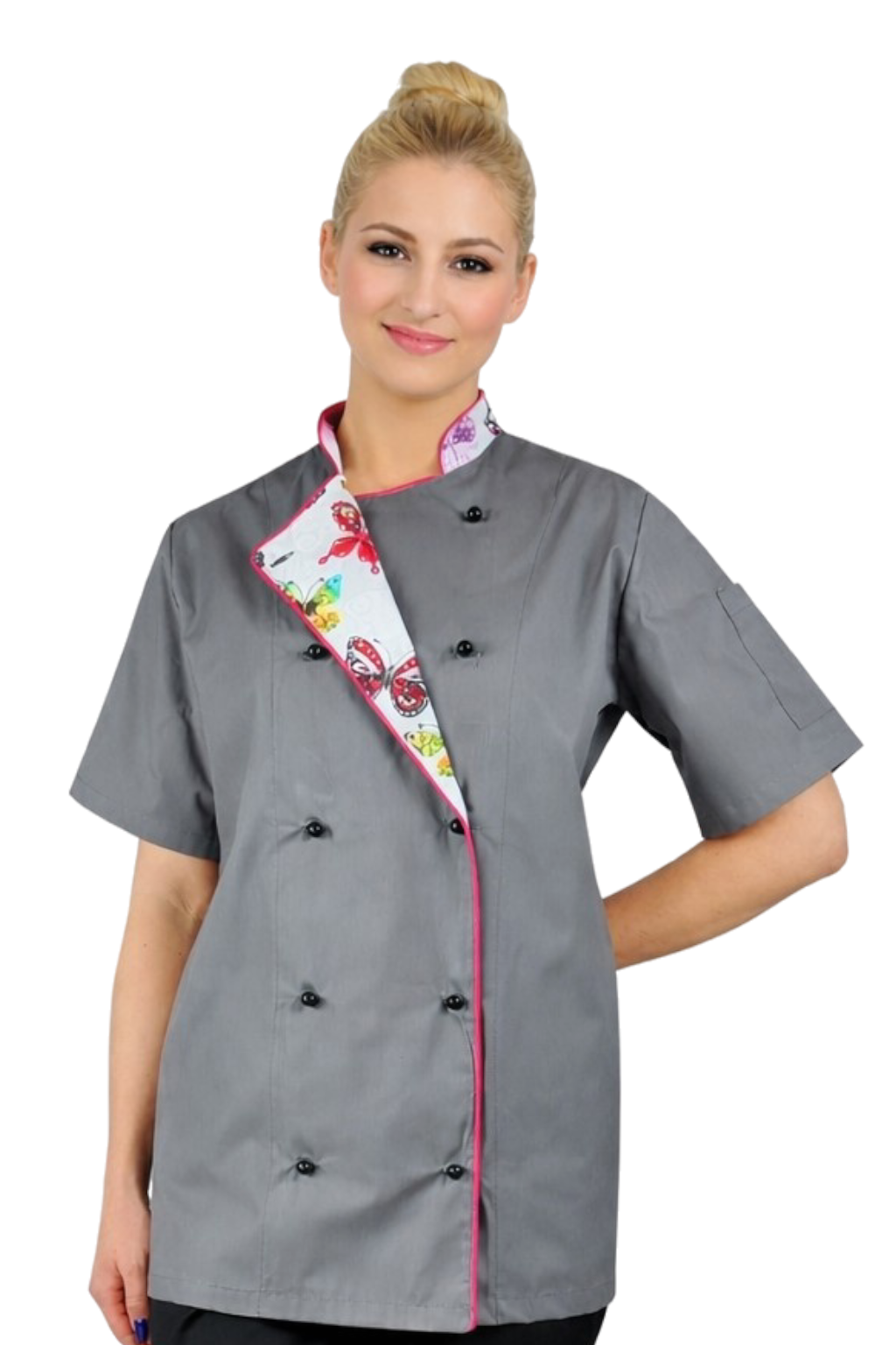Bluza kucharska damska szara rękaw krótki lamówka wzór W2 (1053)