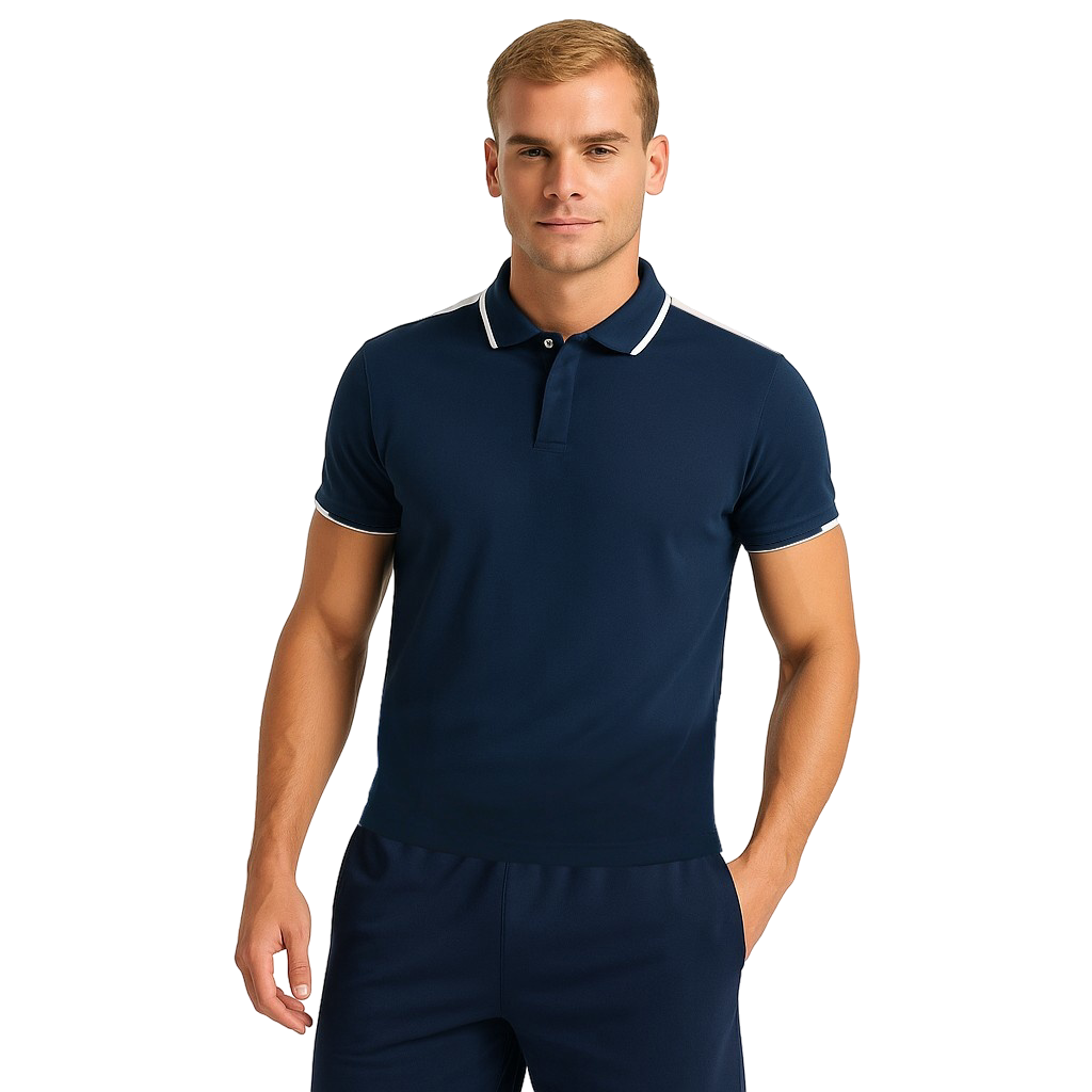Męska elegancka koszulka polo granatowa białe wstawki