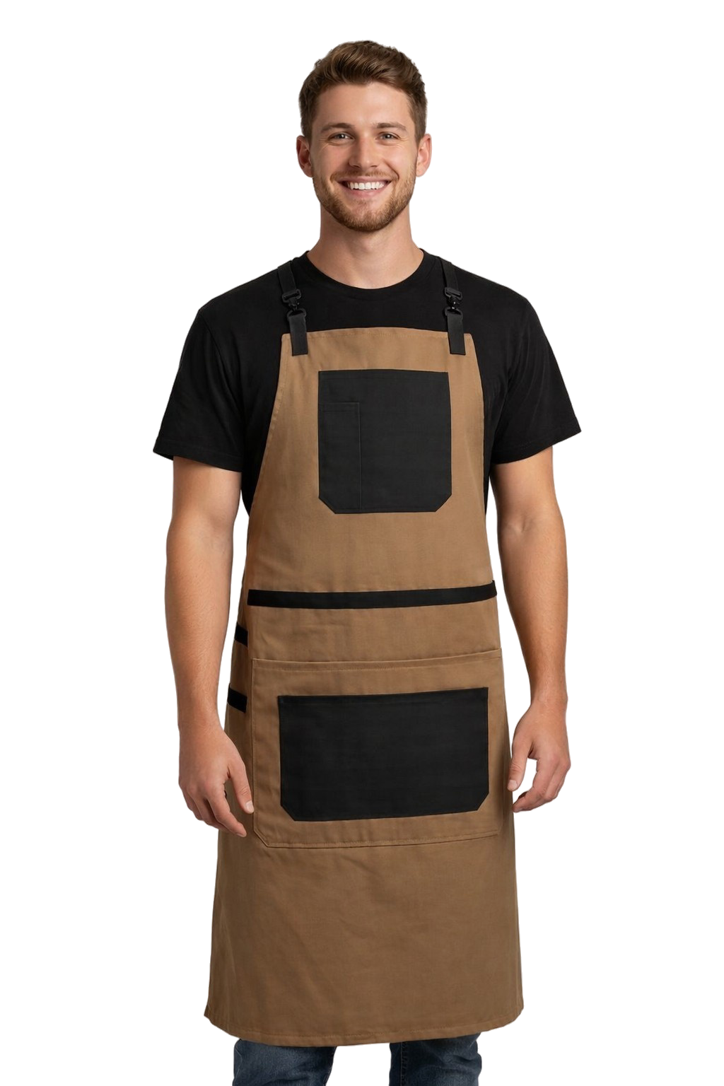 Fartuch gastronomiczny beżowy – barista / grill / rzemieślniczy z kieszeniami i krzyżowanymi szelkami