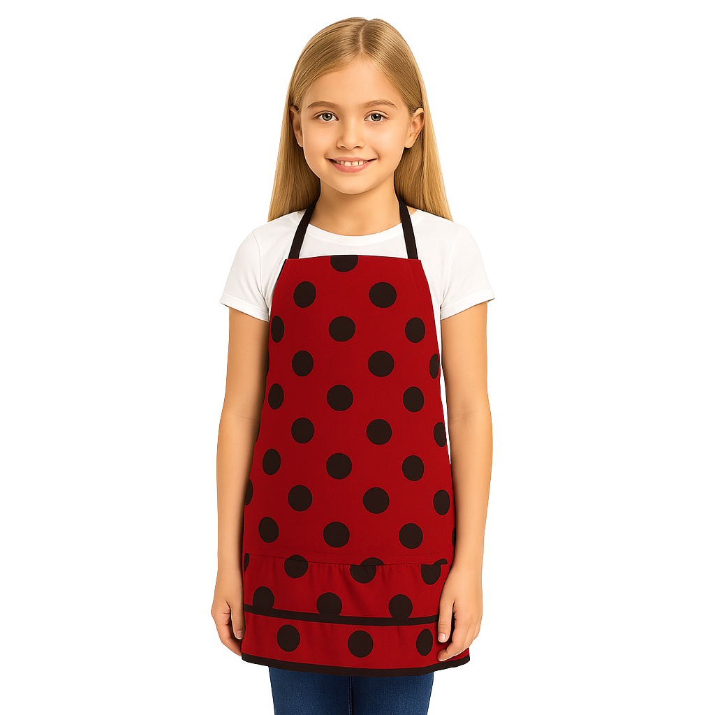 Stylowy fartuch kuchenny dla dzieci czerwony w czarne kropki