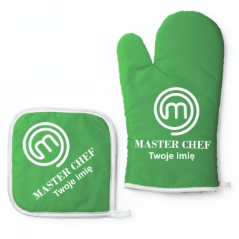 Zestaw rękawica kuchenna z łapką zielona Master Chef + twoje imię