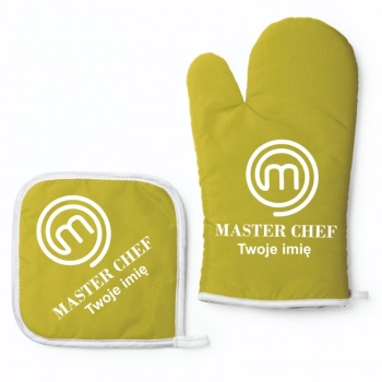 Zestaw rękawica kuchenna z łapką żółta Master Chef + twoje imię