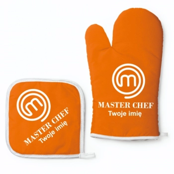 Zestaw rękawica kuchenna z łapką pomarańczowa Master Chef + twoje imię