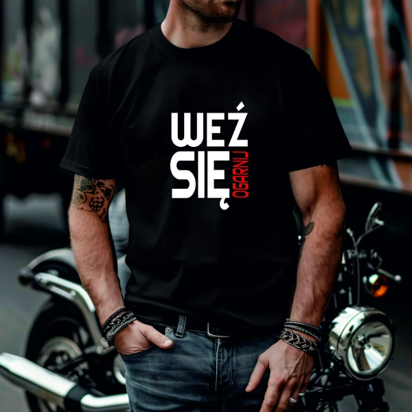 Koszulka Męska Młodzieżowa T-Shirt WEŹ SIĘ OGARNIJ Bawełna roz. M – koszulka t-shirt robocza – odzież firmowa - inne ujęcie