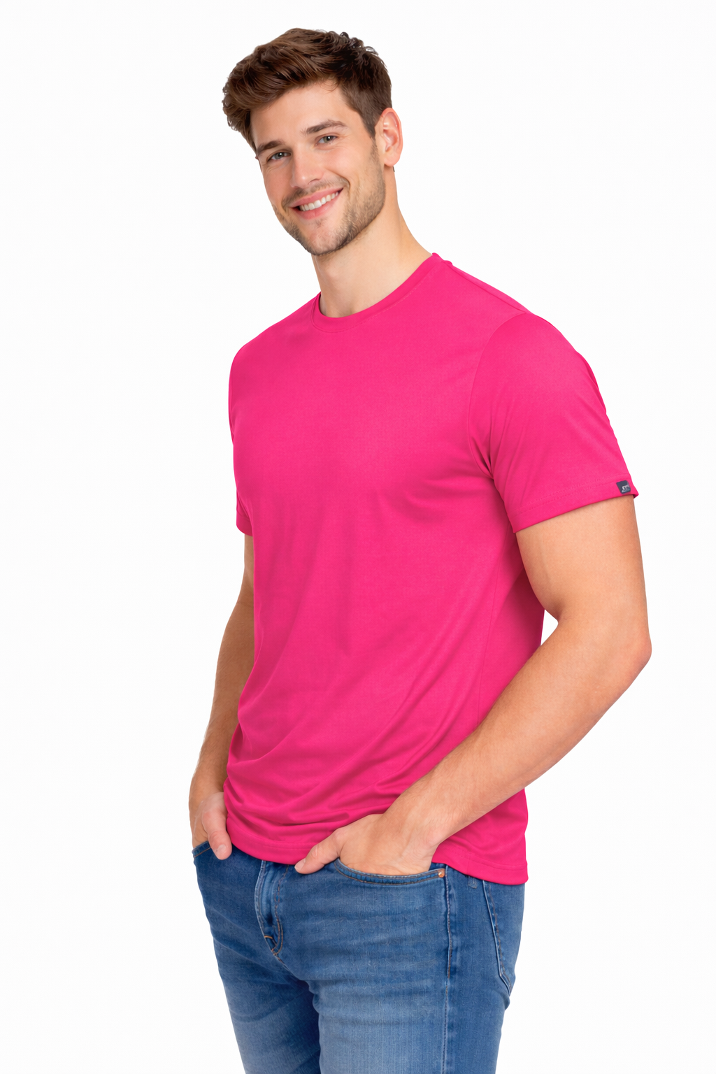 T-shirt męski sportowy do biegania na rower różowy fluo