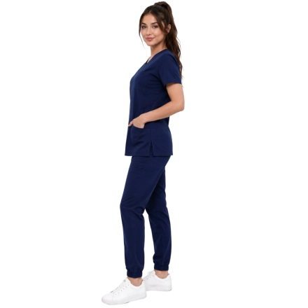 Ciemny Granatowy Komplet Medyczny Damski Scrubs Casual Premium Bok