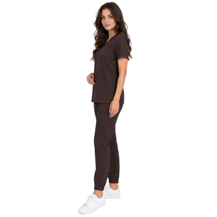 Czekoladowy Komplet Medyczny Damski Scrubs Casual Premium Bok
