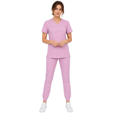 Komplet Medyczny Damski Pudrowy Rozowy Scrubs Casual Premium Przod