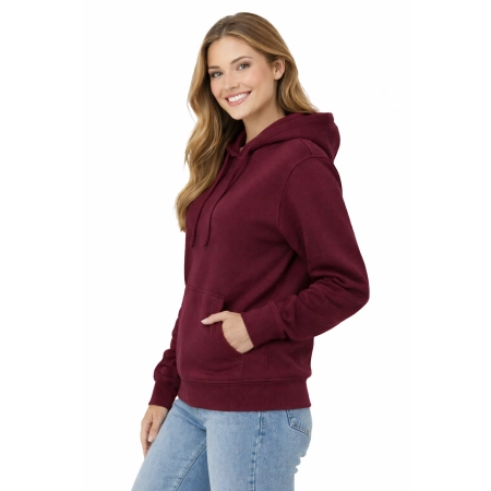 Bluza Damska Z Kapturem Kieszeniami Bordowa Widok Z Boku Bluza Damska Z Kapturem Kieszeniami Bordowa Widok Z Boku