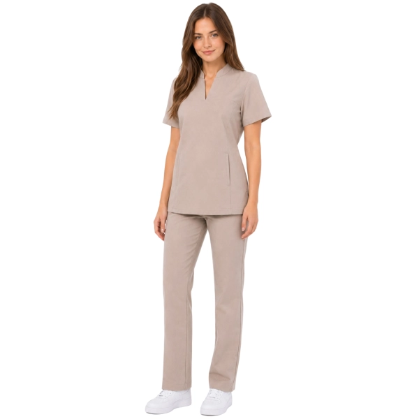 Bezowy Komplet Medyczny Ze Stojka Damski Casual Premium Przod