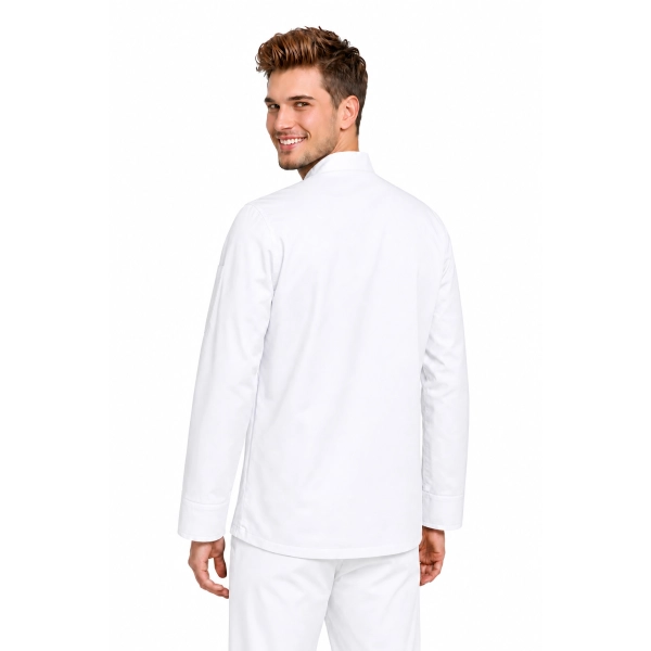 Bluza Kucharska Meska Zakryte Zatrzaski Dwie Kieszenie Elastyczna Kolor Bialy Wygodna Widok Z Tylu