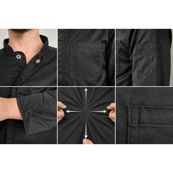 Bluza Kucharska Meska Zakryte Zatrzaski Dwie Kieszenie Kolor Czarny Detale