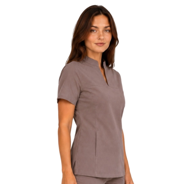 Damska Bluza Medyczna Ze Stojka Basic Premium W Kolorze Cappucino Bok