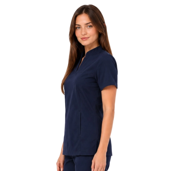 Damska Bluza Medyczna Ze Stojka Basic Premium W Kolorze Ciemny Granatowy Bok