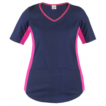 Bluza medyczna granatowa z elastycznym różowym lampasem krótki rękaw roz. XL