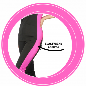 Spodnie medyczne czarne z elastycznym różowym lampasem roz. L