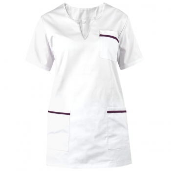 Bluza medyczna biała lamówka śliwkowa krótki rękaw roz. XL