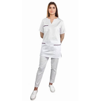 Bluza medyczna biała lamówka śliwkowa krótki rękaw roz. 4XL