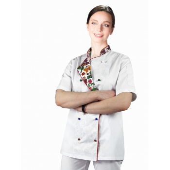 Bluza kucharska damska biała rękaw krótki lamówka wzór W3 (1061) roz. XS