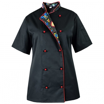 M&C? Bluza kucharska damska czarna rękaw krótki lamówka wzór W4 roz. XL