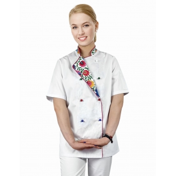 Bluza kucharska damska biała rękaw krótki lamówka wzór W5 (1222) roz. XL