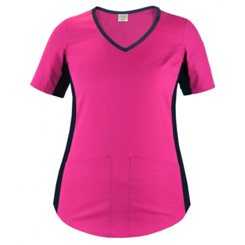 Bluza medyczna amarantowa z elastycznym granatowym lampasem krótki rękaw roz. XL